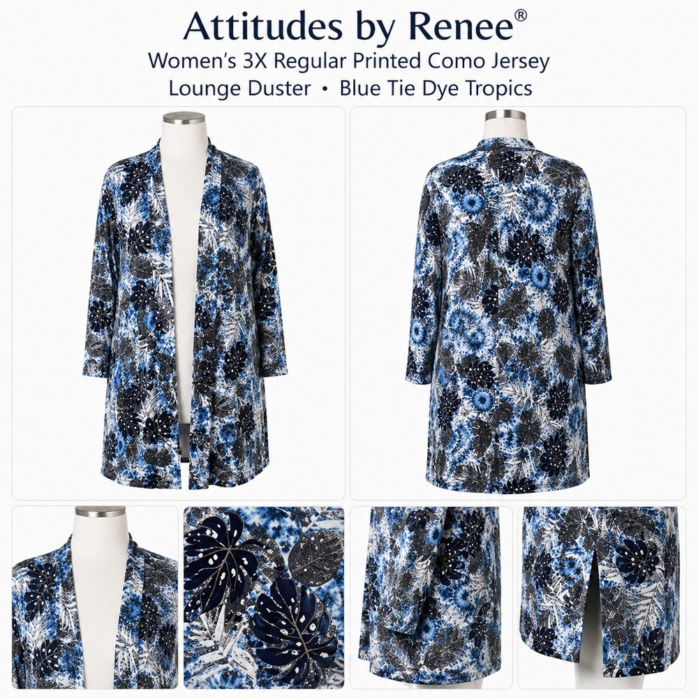 Attitudes by Renee Women 3X Blue Tie Dye Tropics Como Jersey Lounge Duster A4738